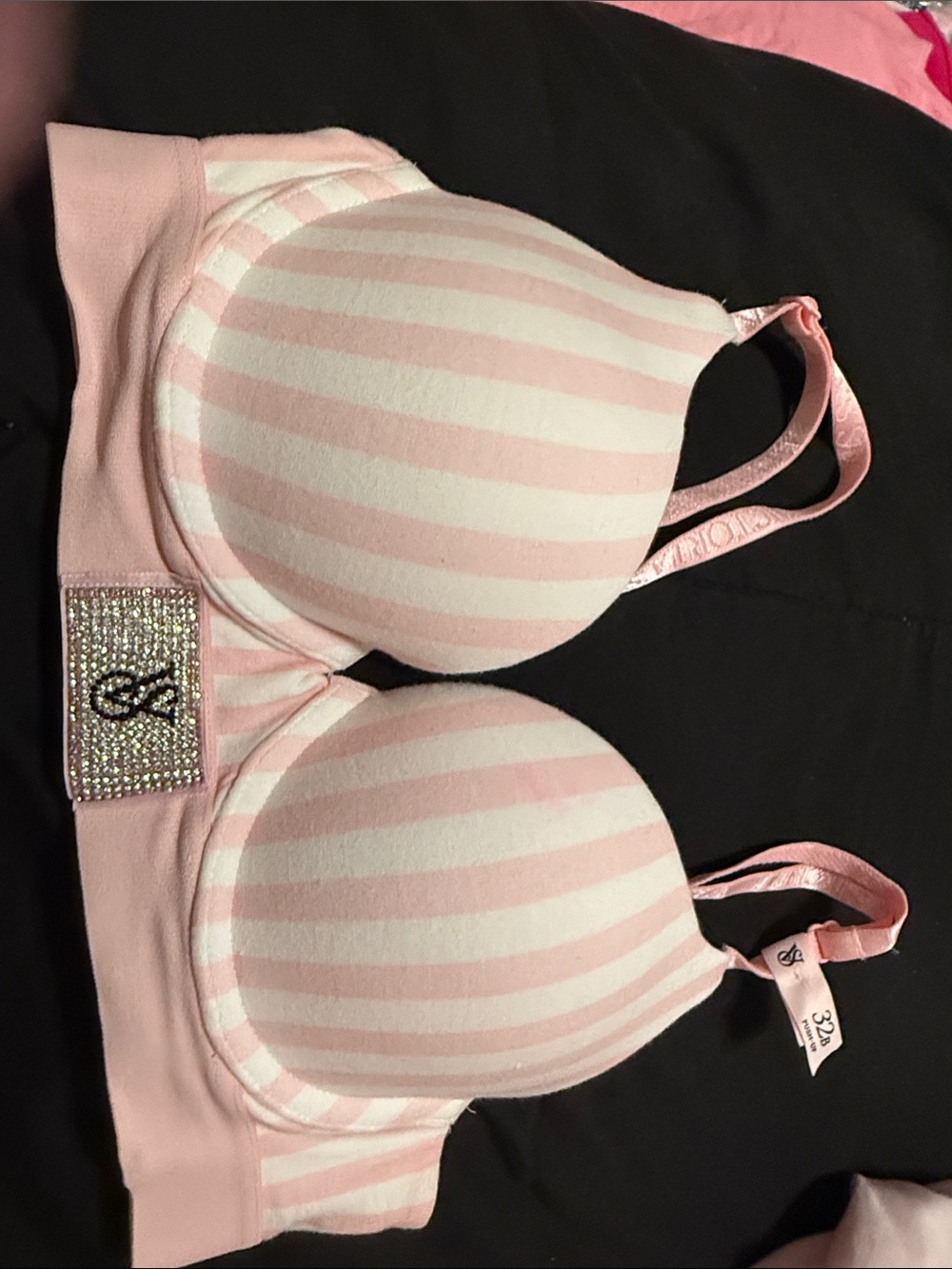 Victoria's Secret Pink & White Striped Push-Up Bra with Rhinestone Logo